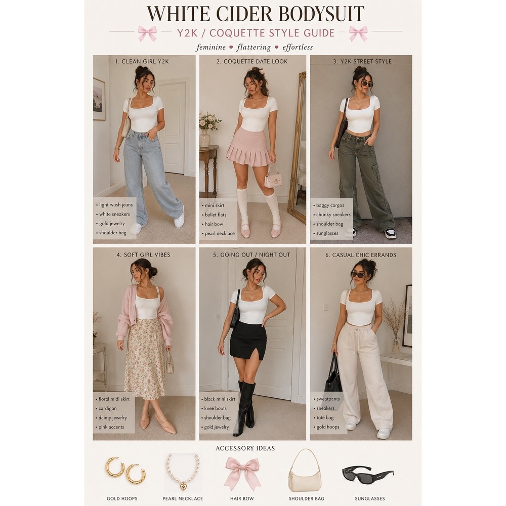 Cider Bodysuit Women 2X White Ribbed Square Neck Short Sleeve Y2K Coquette Basic
